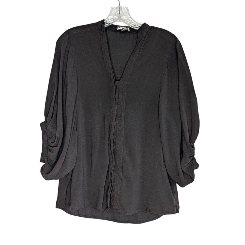 Express black lightweight button-front blouse with puff sleeves, size XS